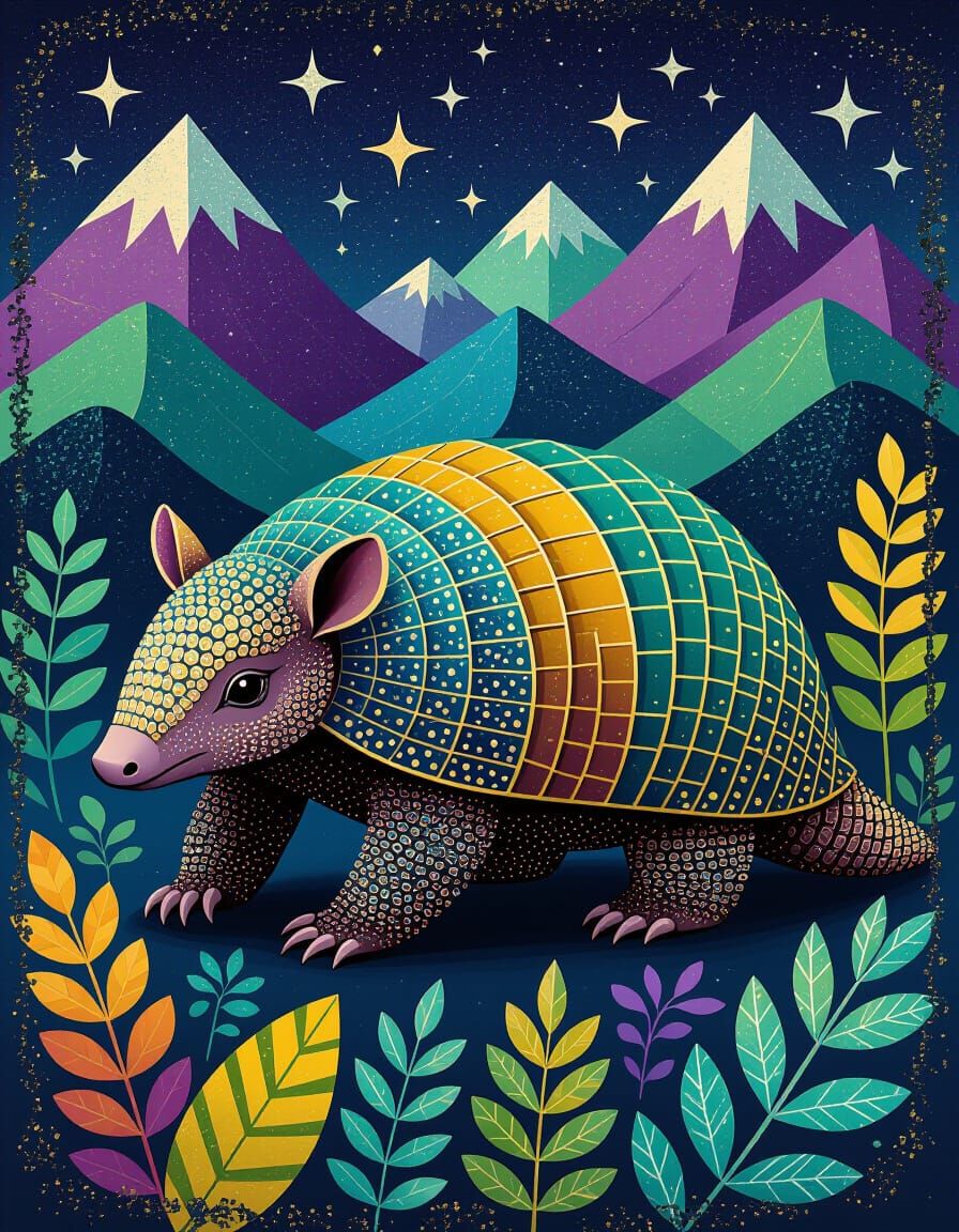 Psychedelic Armadillo Portrait in Cosmic Landscape