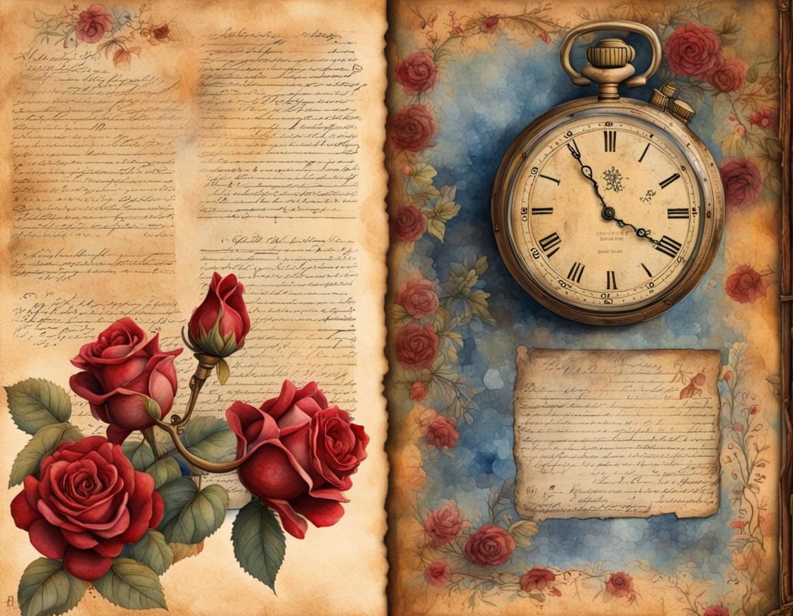 Journal Page with Roses, Watch, and River in Watercolor