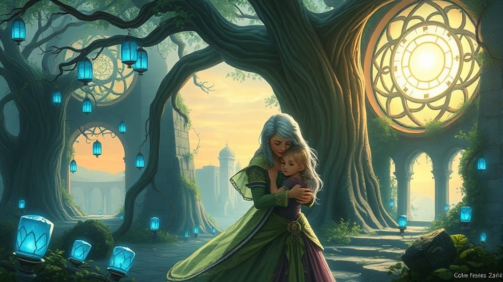 Queen and Princess Embrace Among Crystal Trees