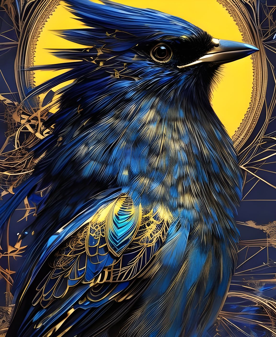 Royal Blue Bird with Golden Wings as Digital Art