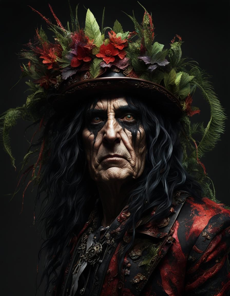 Hyperrealistic Alice Cooper Portrait in Shadows