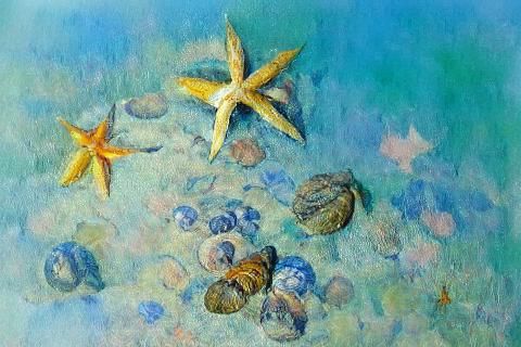 starfish and shells on a blue and calm seabed 
8k resolution concept art 
Claude Monet 
post-impressionism 
watercolor