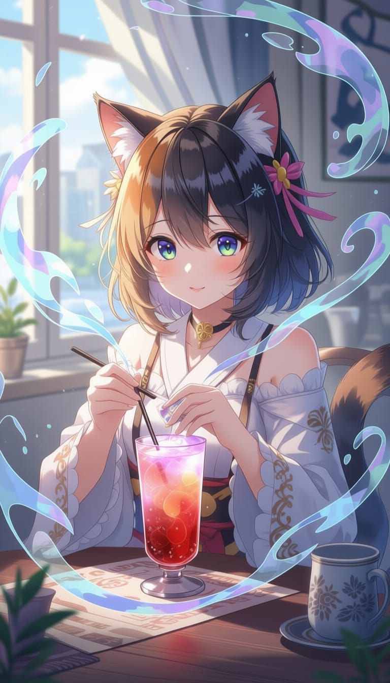 Ethereal Fantasy Cat Girl Bartender in Deep Color Anime Styl...