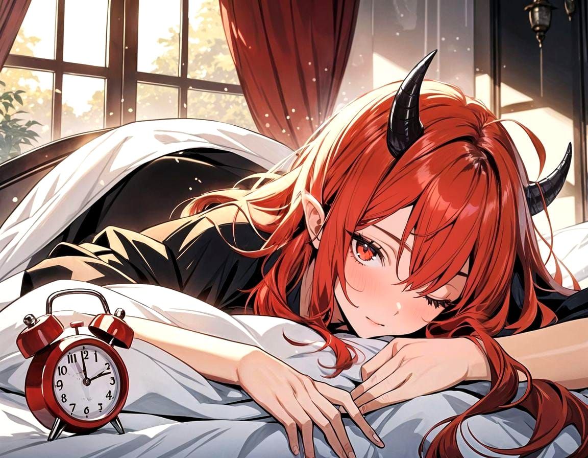 Red-Haired Girl Sleeping in Gothic Bedroom