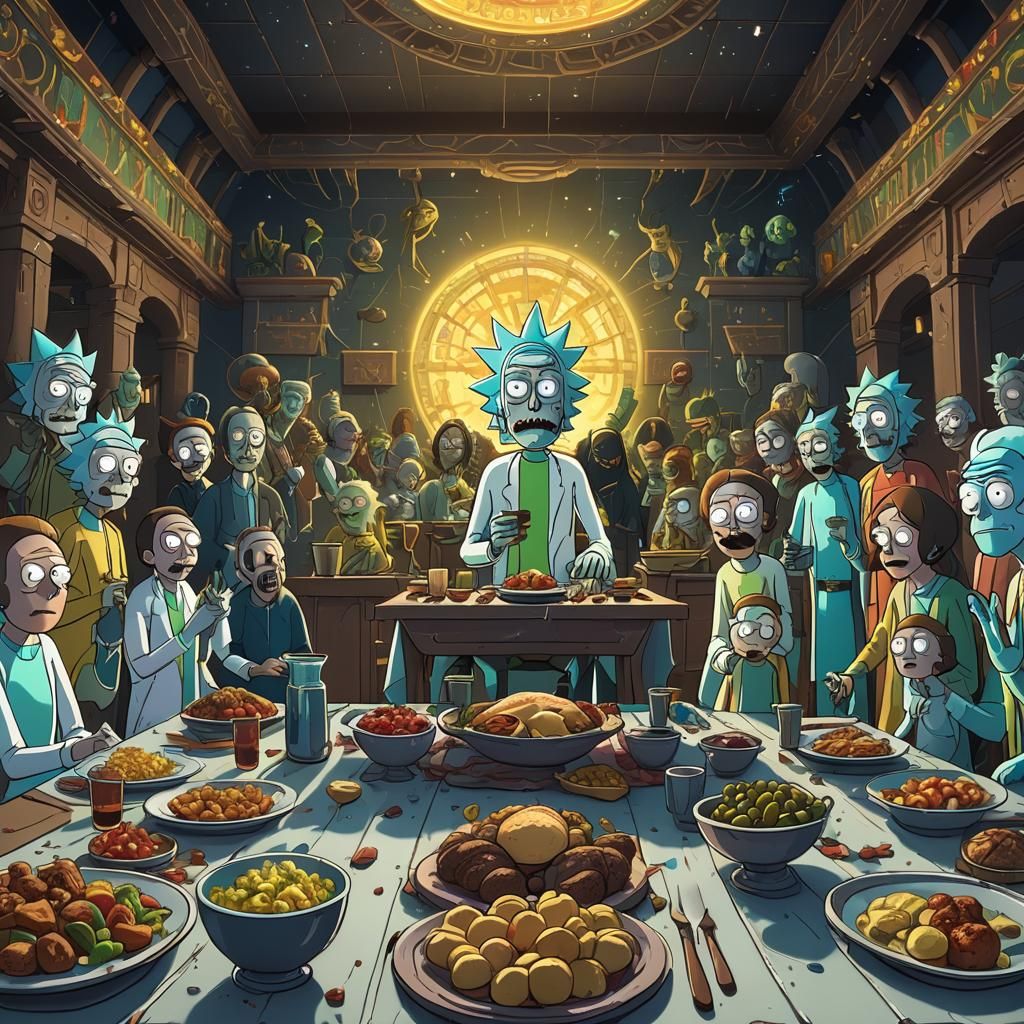 Rick and Morty's Last Supper in Matte Painting Style