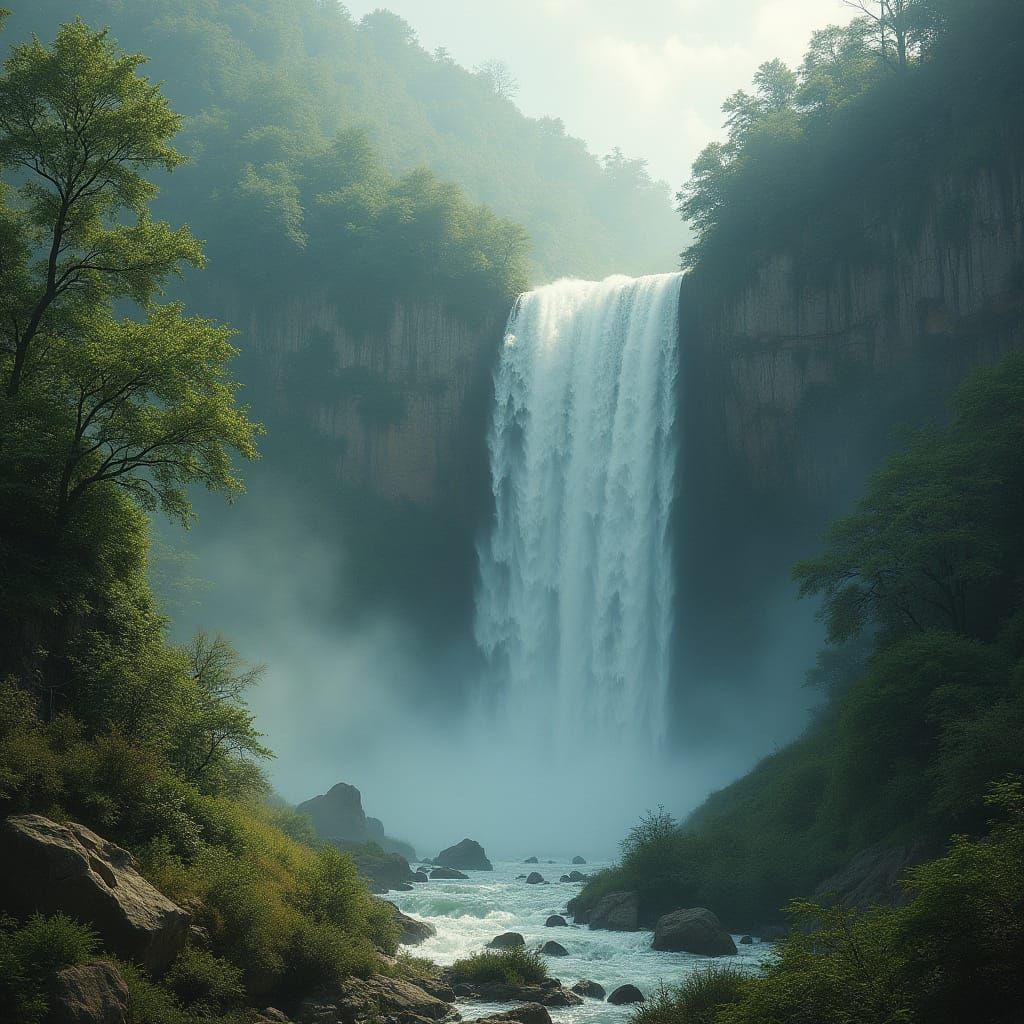 Lush Waterfall Panorama in Realistic Style