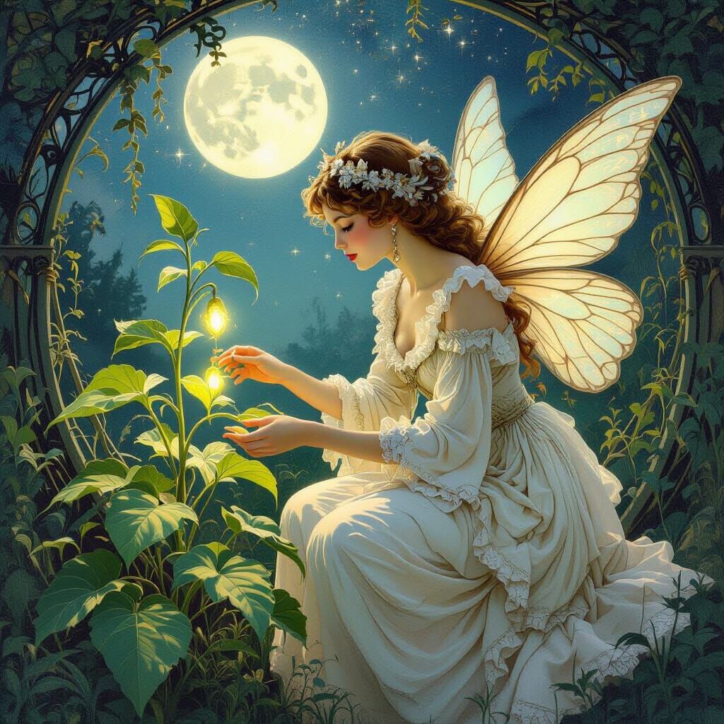 Ethereal Fairy in Mystical Garden, Art Nouveau Style