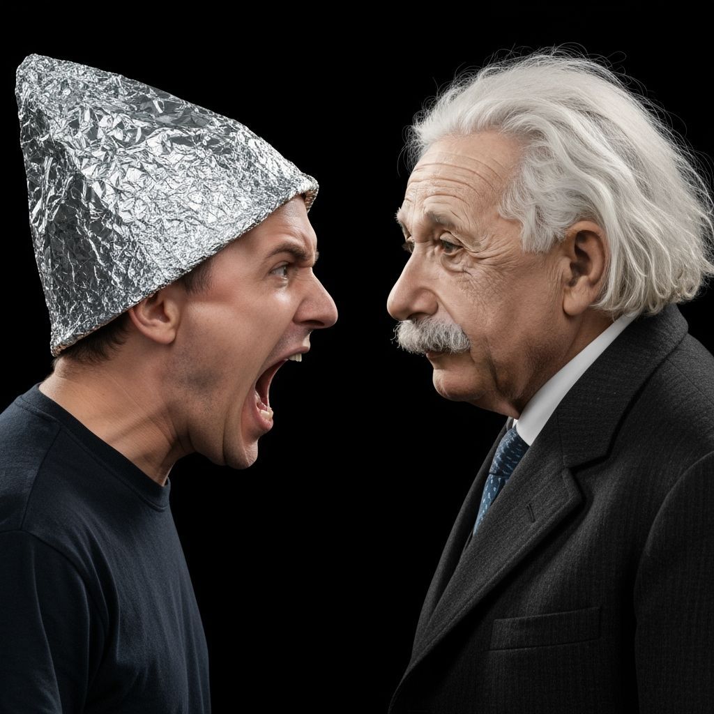 Écorché of Einstein vs Agitated Man in Foil Hat