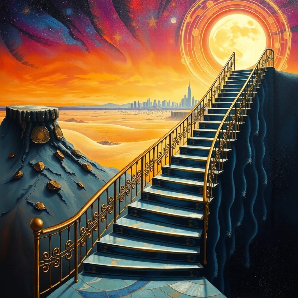Celestial Staircase to Dystopian City in Impasto Style