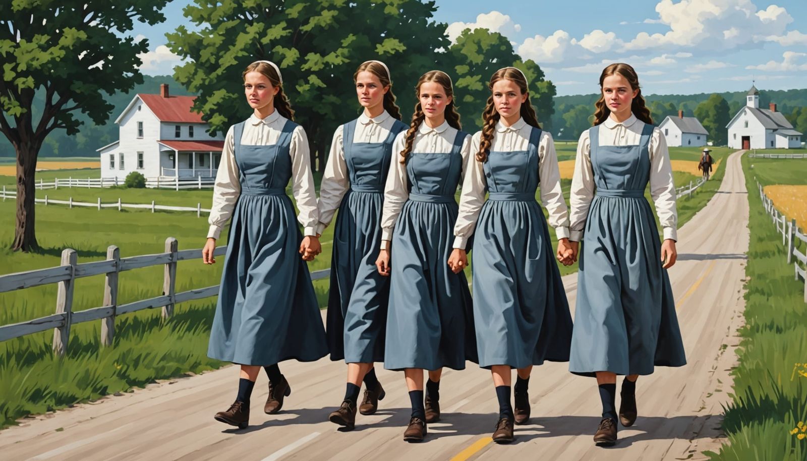 Amish Women Stroll on Rural Road in Vintage Style
