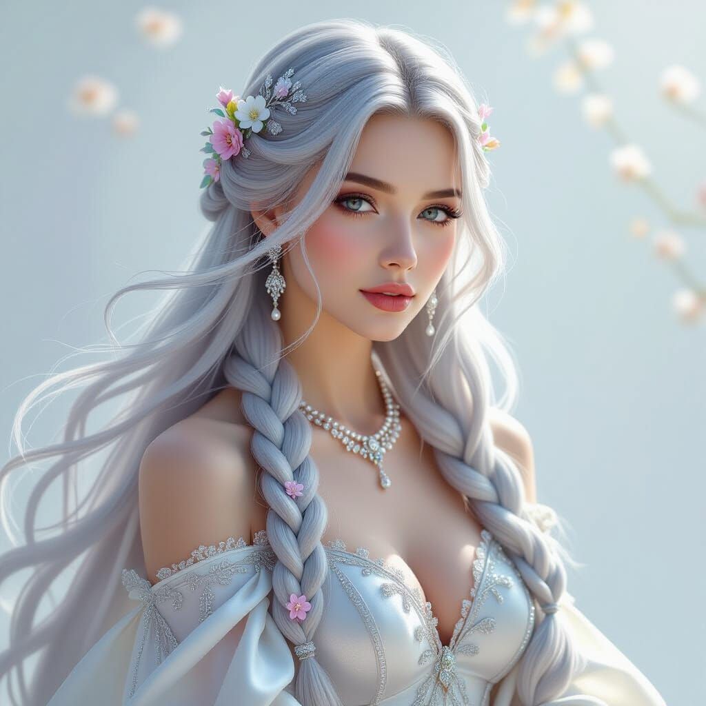 Silver Haired Woman with Braids and Flowers