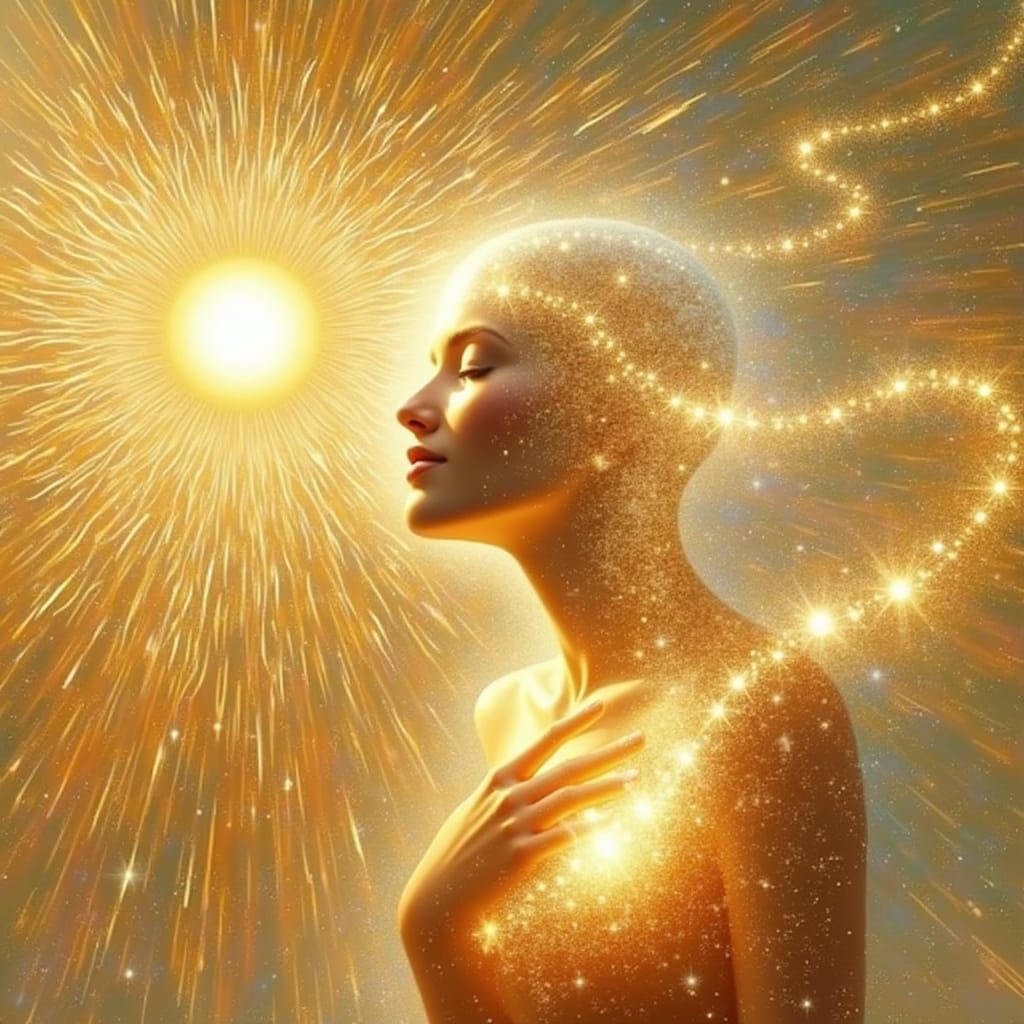 Golden Hour Figure Embraced by Ethereal Sunshine and Cosmos