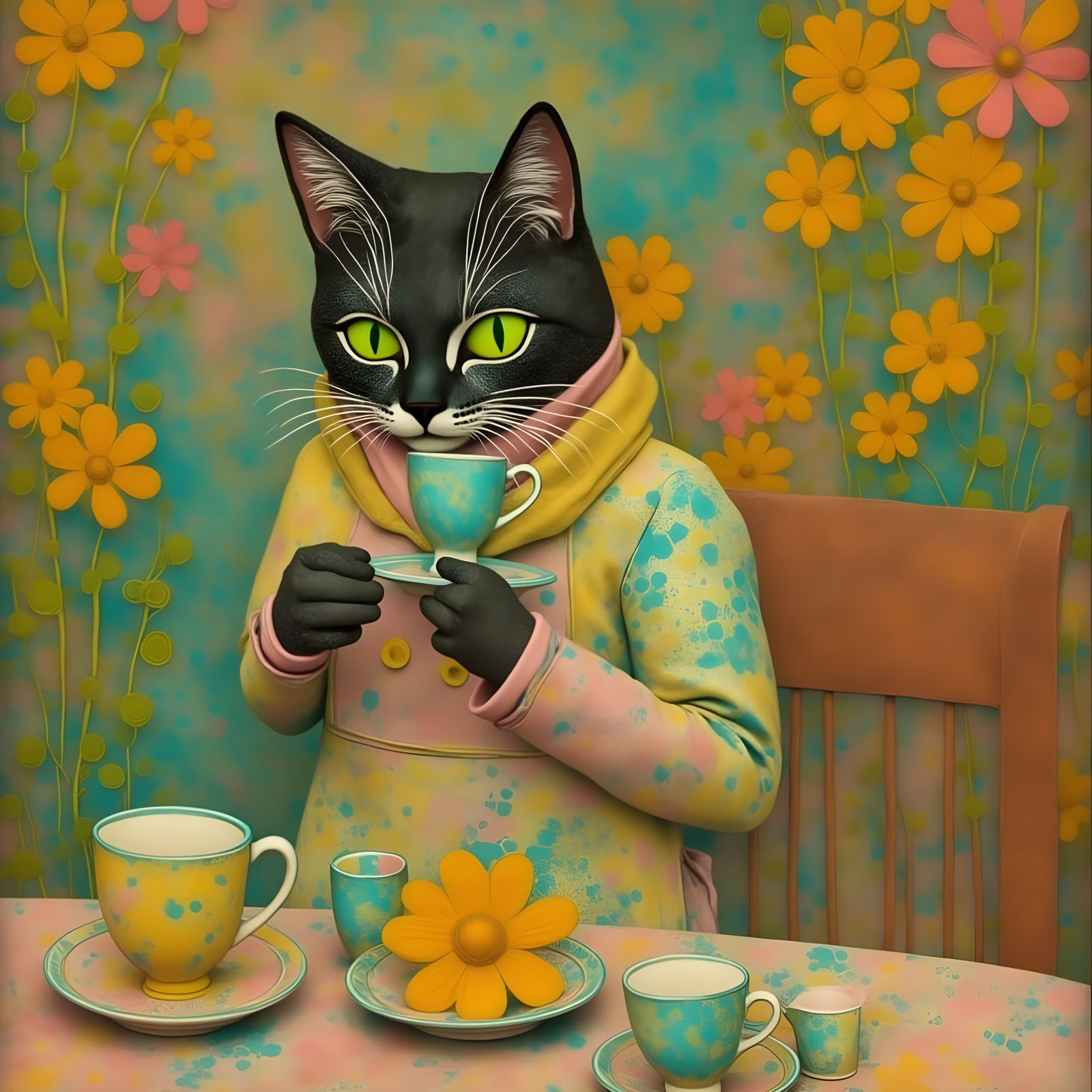 Gelli-Printed Cat Sipping Coffee