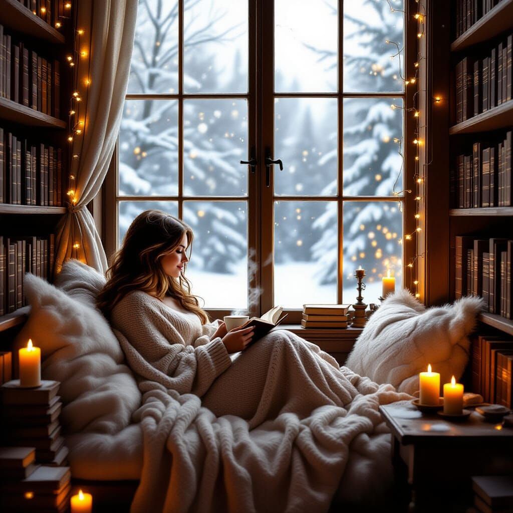 Cozy Reading Nook with Winter Snowfall