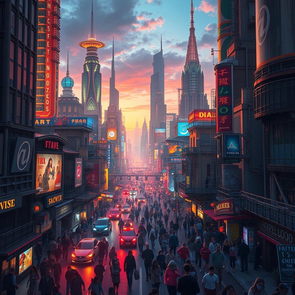 Lively Cityscape with Futuristic Architecture
