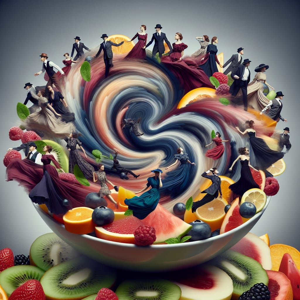 Dramatic Fruit Salad Storm with Elegant Figures
