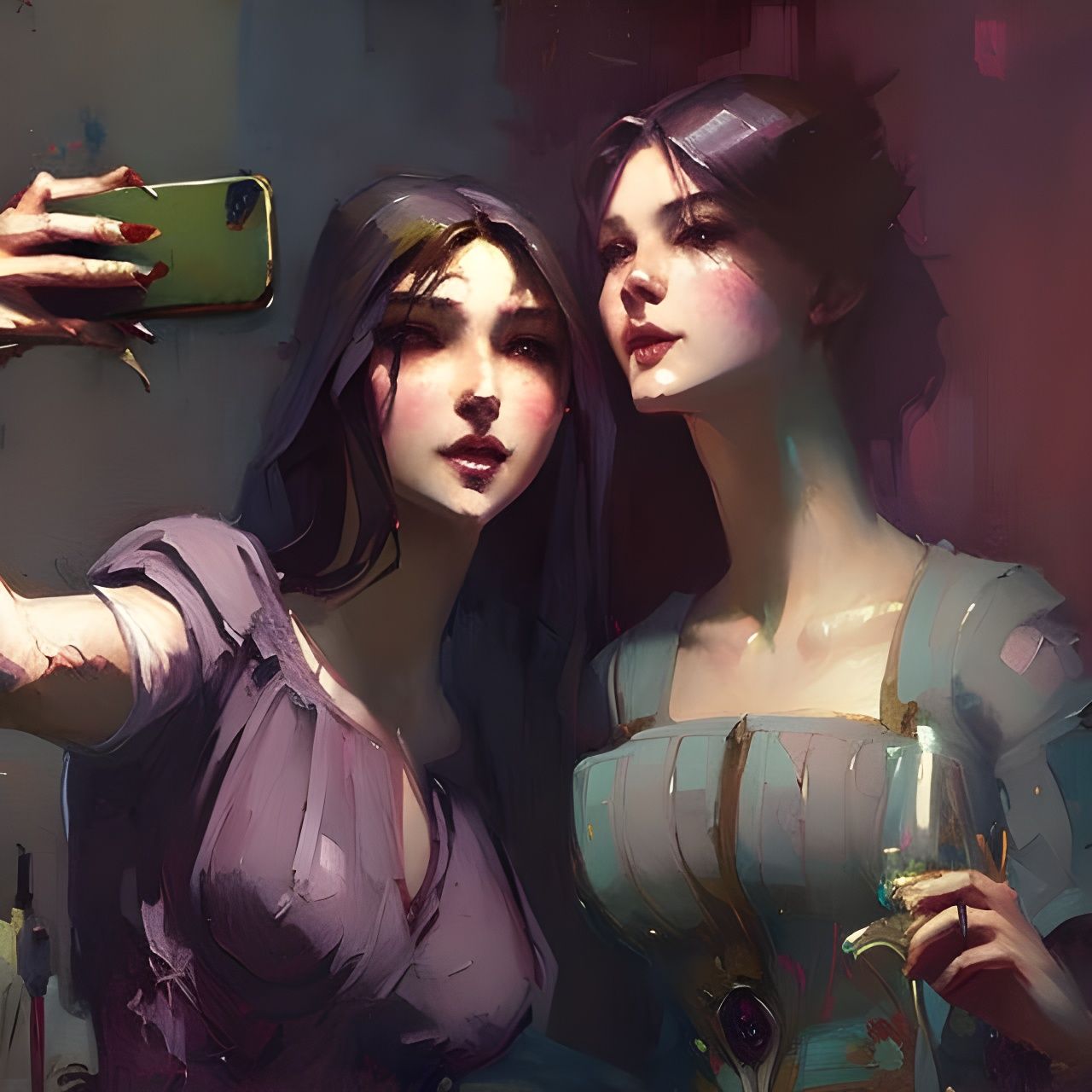 Women at Party Taking Selfie: Detailed Illustration