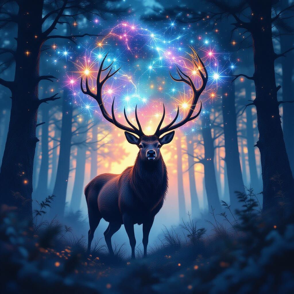 Majestic Stag with Constellation Antlers in Dreamlike Forest