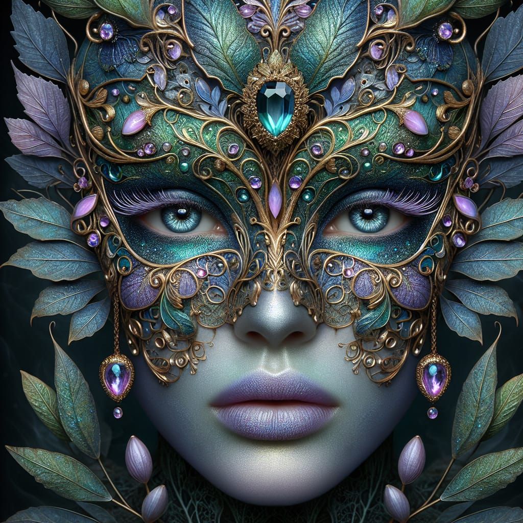 Ornate Masked Earth Figure with Golden Filigree