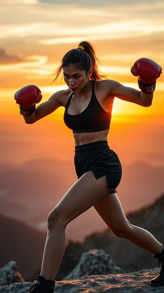 Strong Female Boxer Dominates Mountain Top Training Session