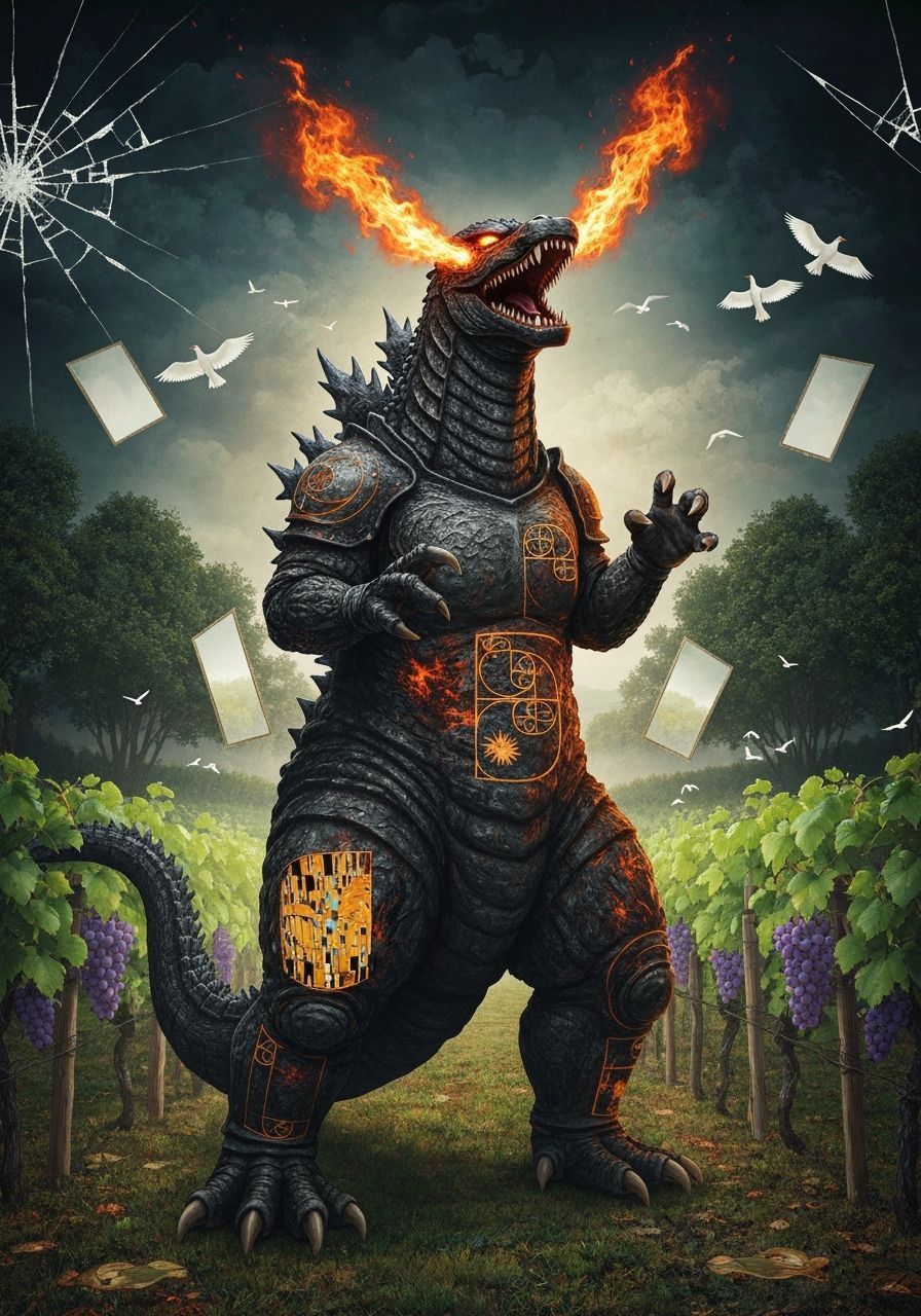 Godzilla Laughs Amidst Burning Vineyards in Bosch Style
