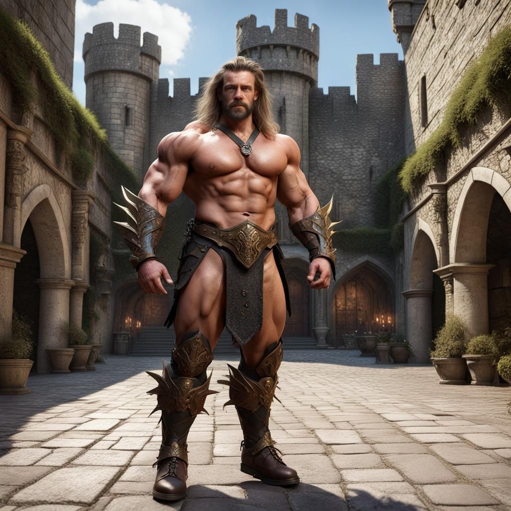 Half-Dragon Bodybuilder in Castle Courtyard: Fantasy Art