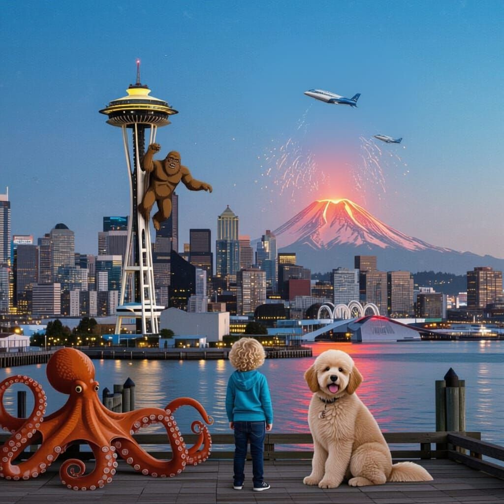 Seattle Skyline with Bigfoot Climbing Space Needle and Volca...