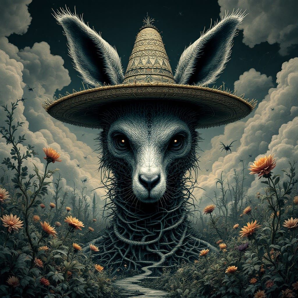 Kangaroo in Sombrero in Surreal Escher Garden