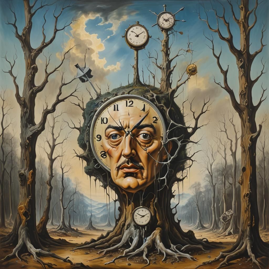 Surreal Forest with Dali Head and Melting Clock
