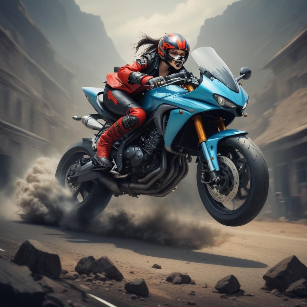 Woman with Piercing Eyes Riding Motorcycle