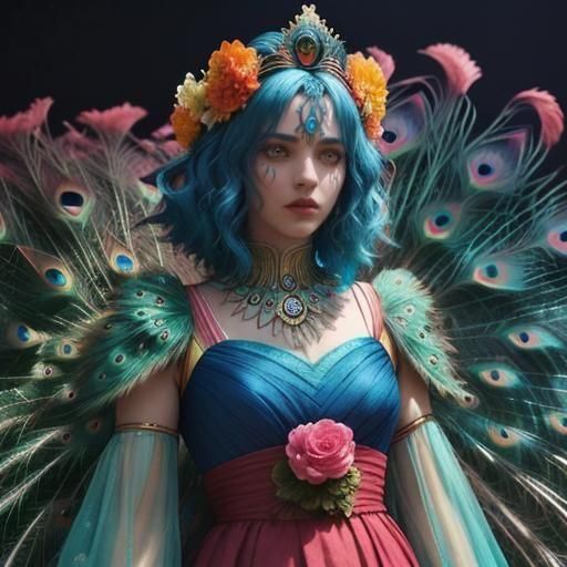 Woman with Blue Hair and Peacock Feathers