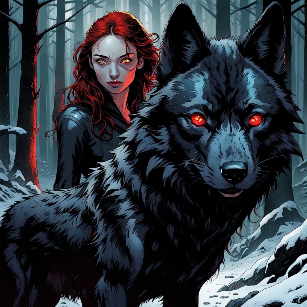 Eleanor Tomlinson and a Black Wolf in Comic Book Art