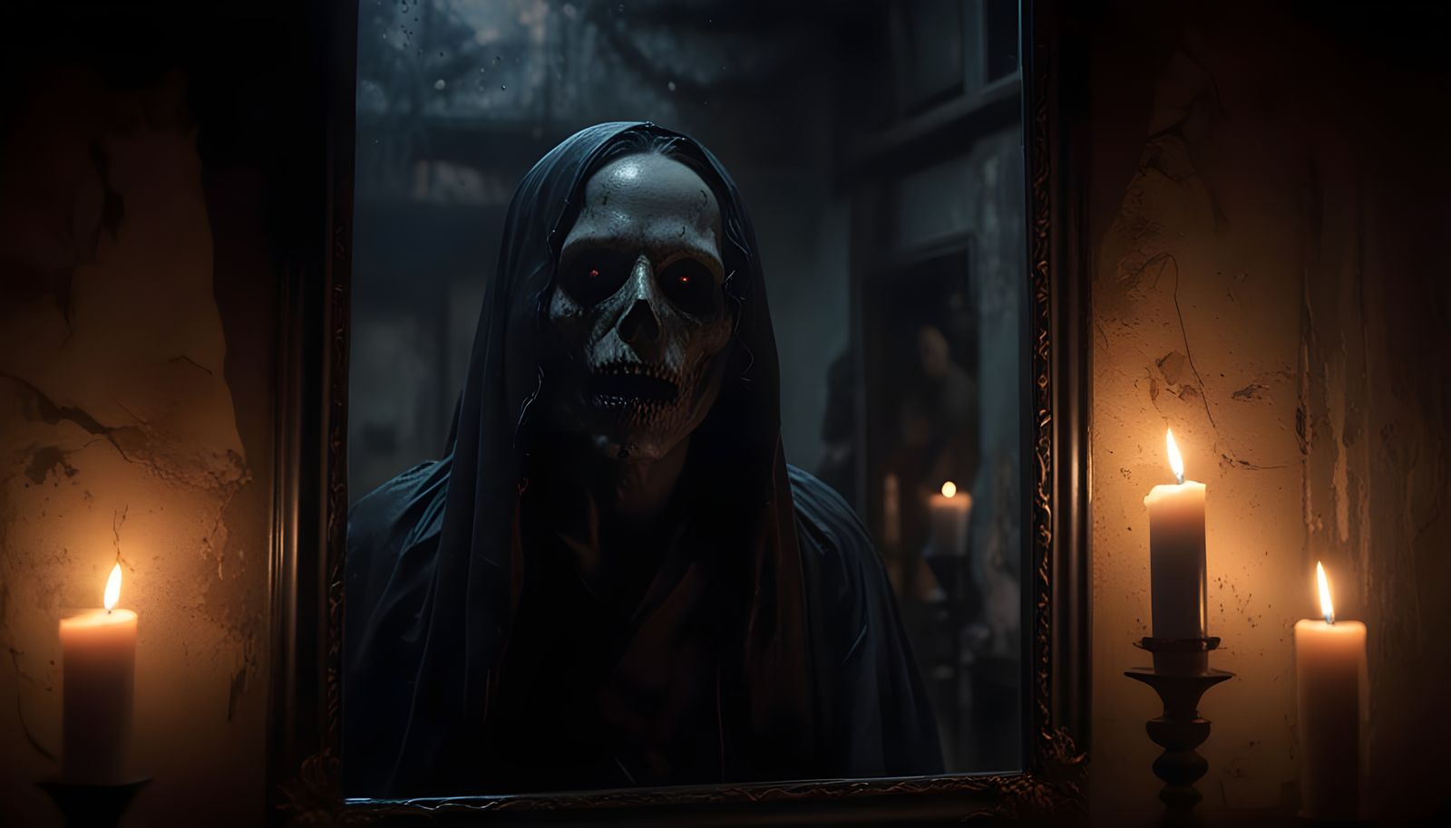 Surreal Horror Ghost Emerges from Dark Mist in Mirror