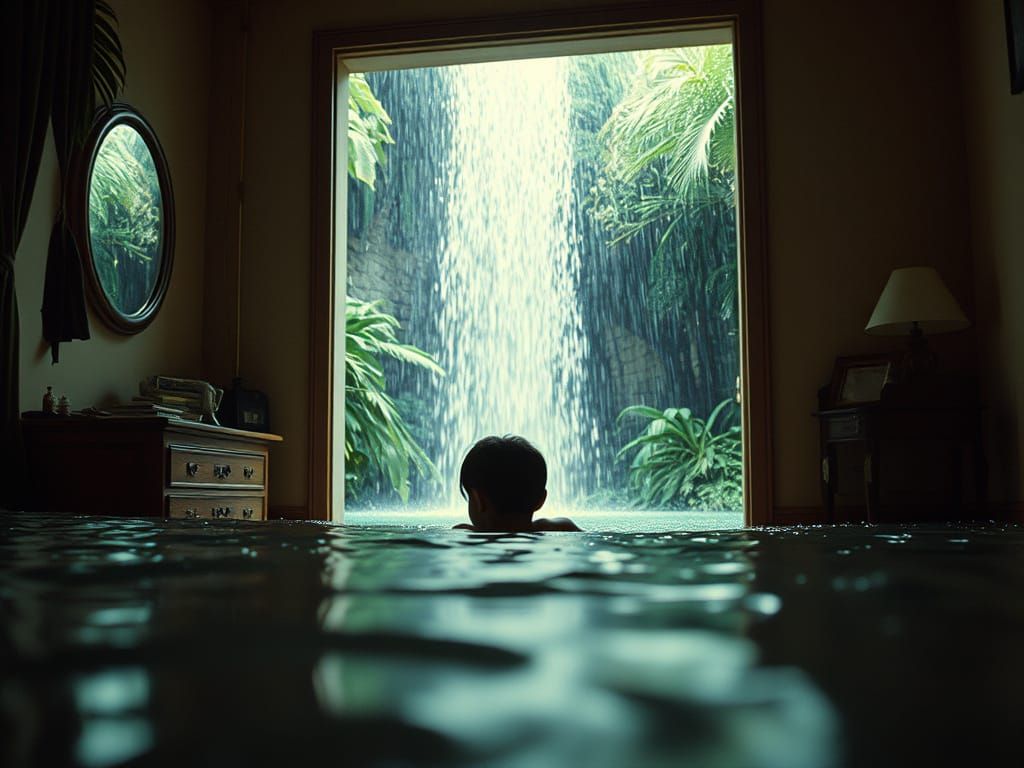 Child Watches Jungle Waterfall Flood Bedroom in Surreal Wet ...