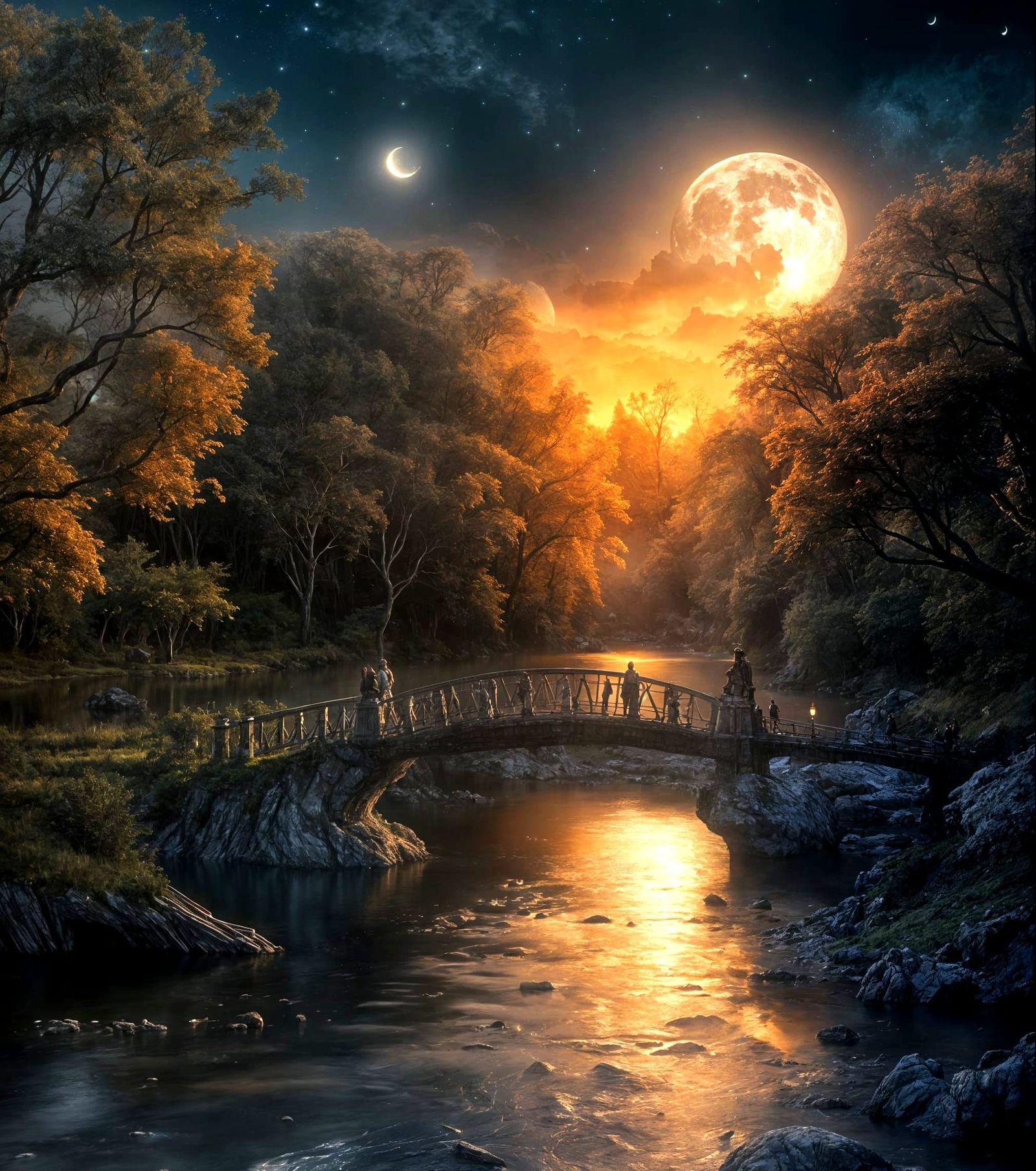 Mystical River Landscape with Glittering Bridge and Crescent...