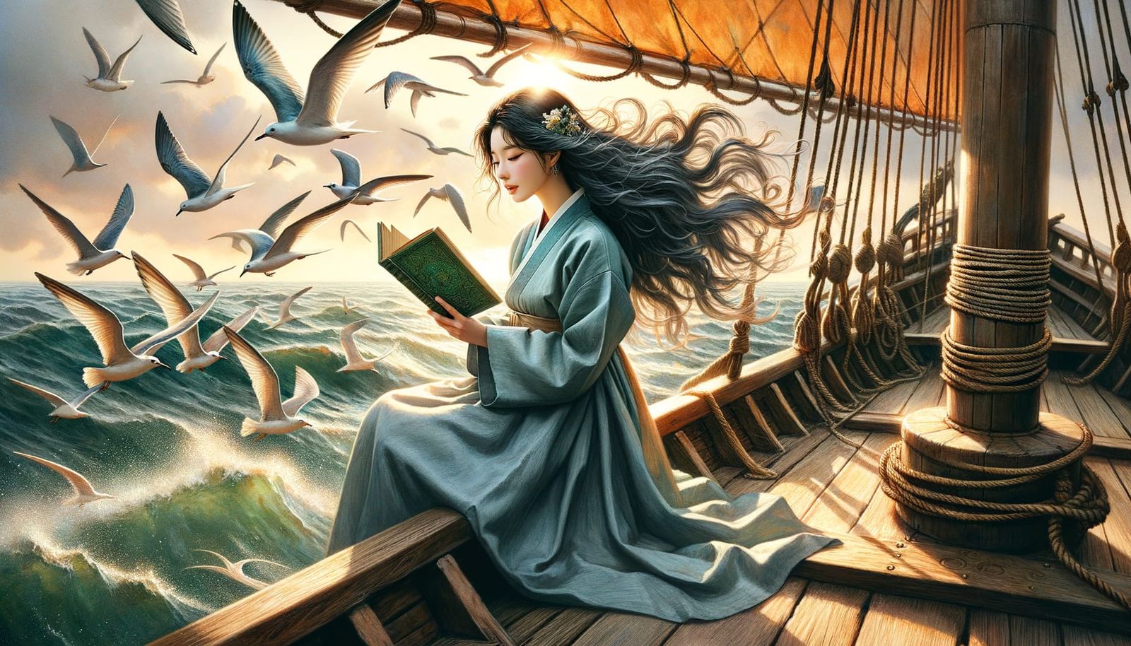 Korean Woman Reading on Dhow in Whimsical Watercolor Style