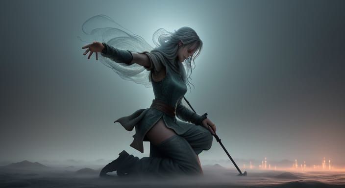 Ethereal Figure Prays in Desolate Landscape with Glowing Mis...