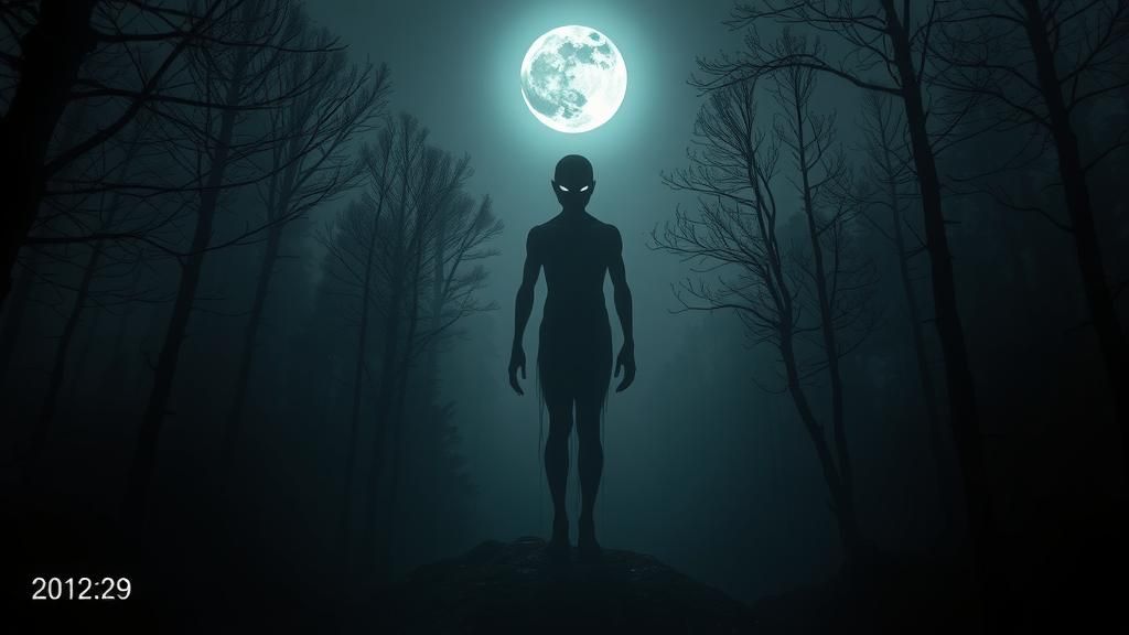 Ominous Shadow Figure in Mist-Shrouded Forest