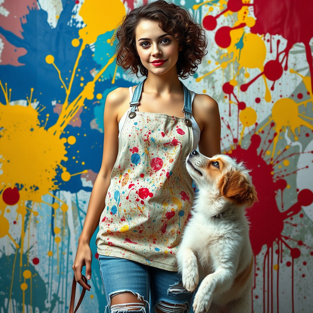 Woman and Dog in Vibrant Paint Splatter Art