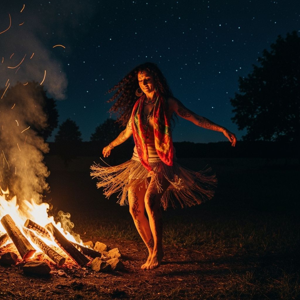 Gypsy Woman Dancing Barefoot by Campfire