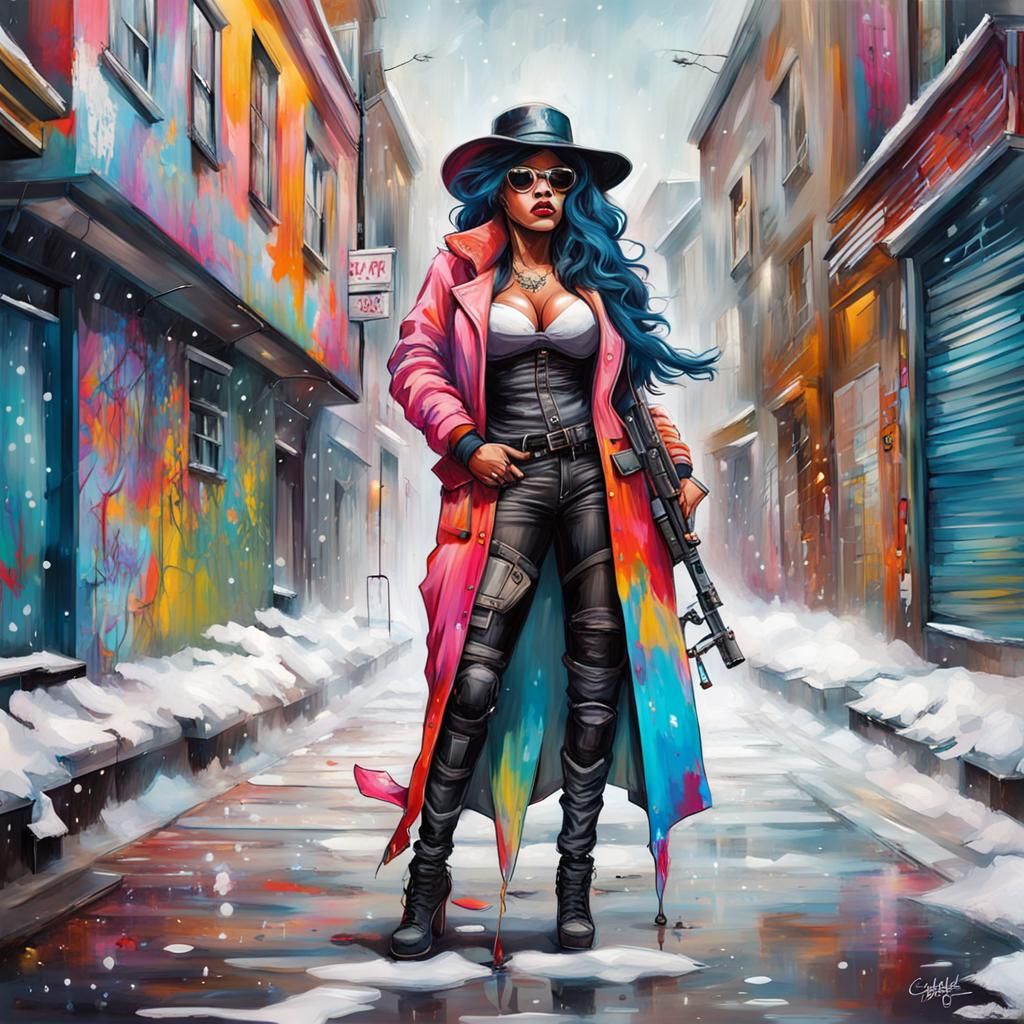 Vera Sidika as Hitwoman in Snowy Padstow: Graffiti Art