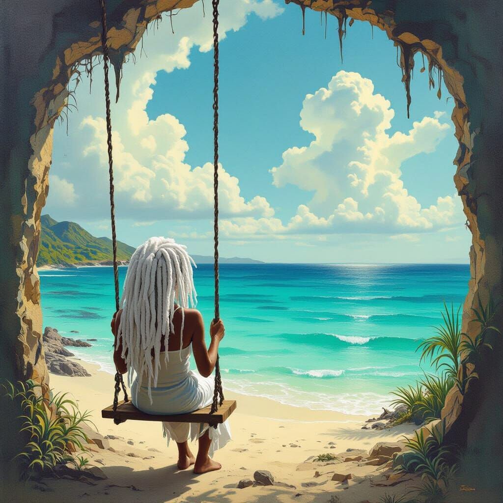 Girl on Swing Overlooking Ocean in Surrealist Style