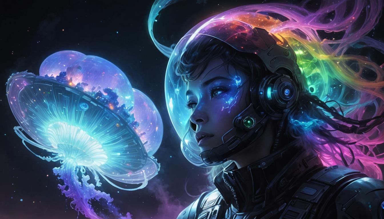 Astral Spaceship Over Alien Planet in Black Light Style