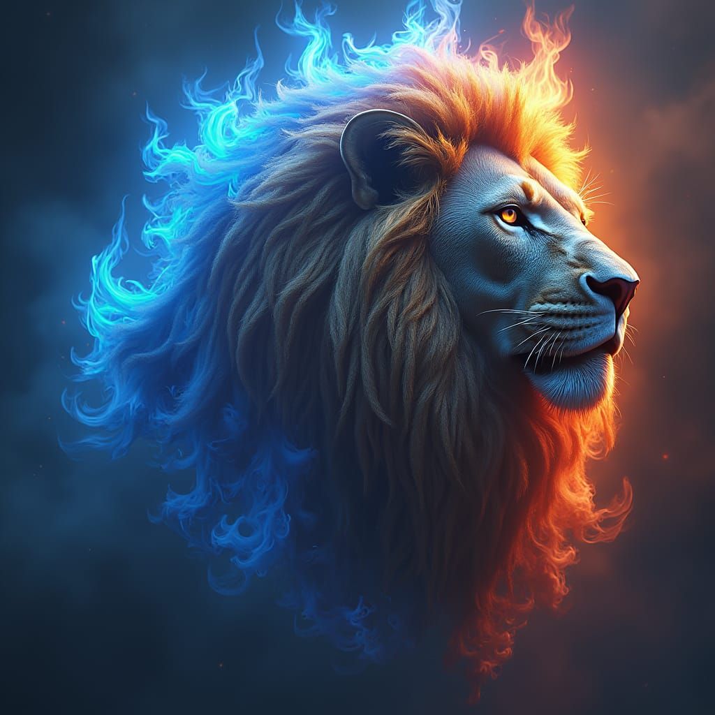 Fiery Blue Lion Head: Fantasy Concept Art