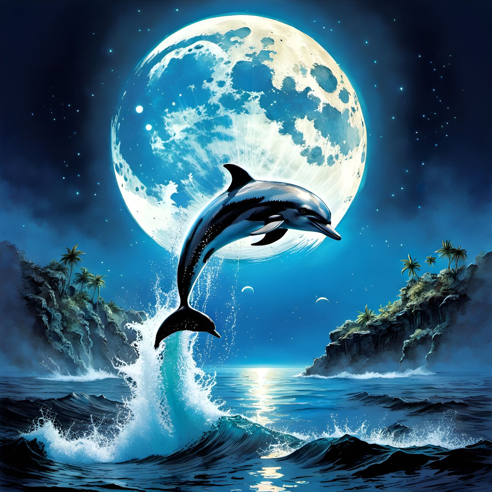 Dolphin Leaps Under Moon: Dreamy Digital Art