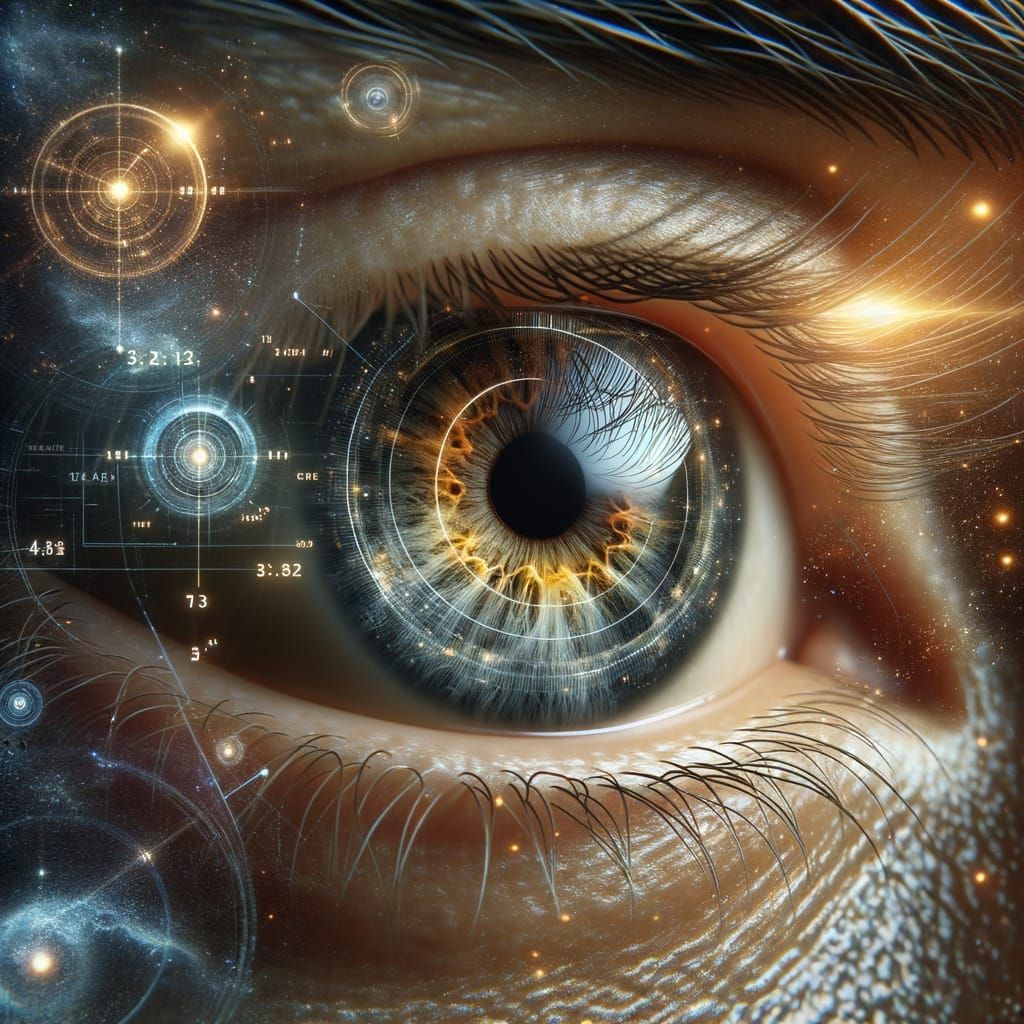 Hyperrealistic Human Eye with Holographic Data and Cosmic Ba...