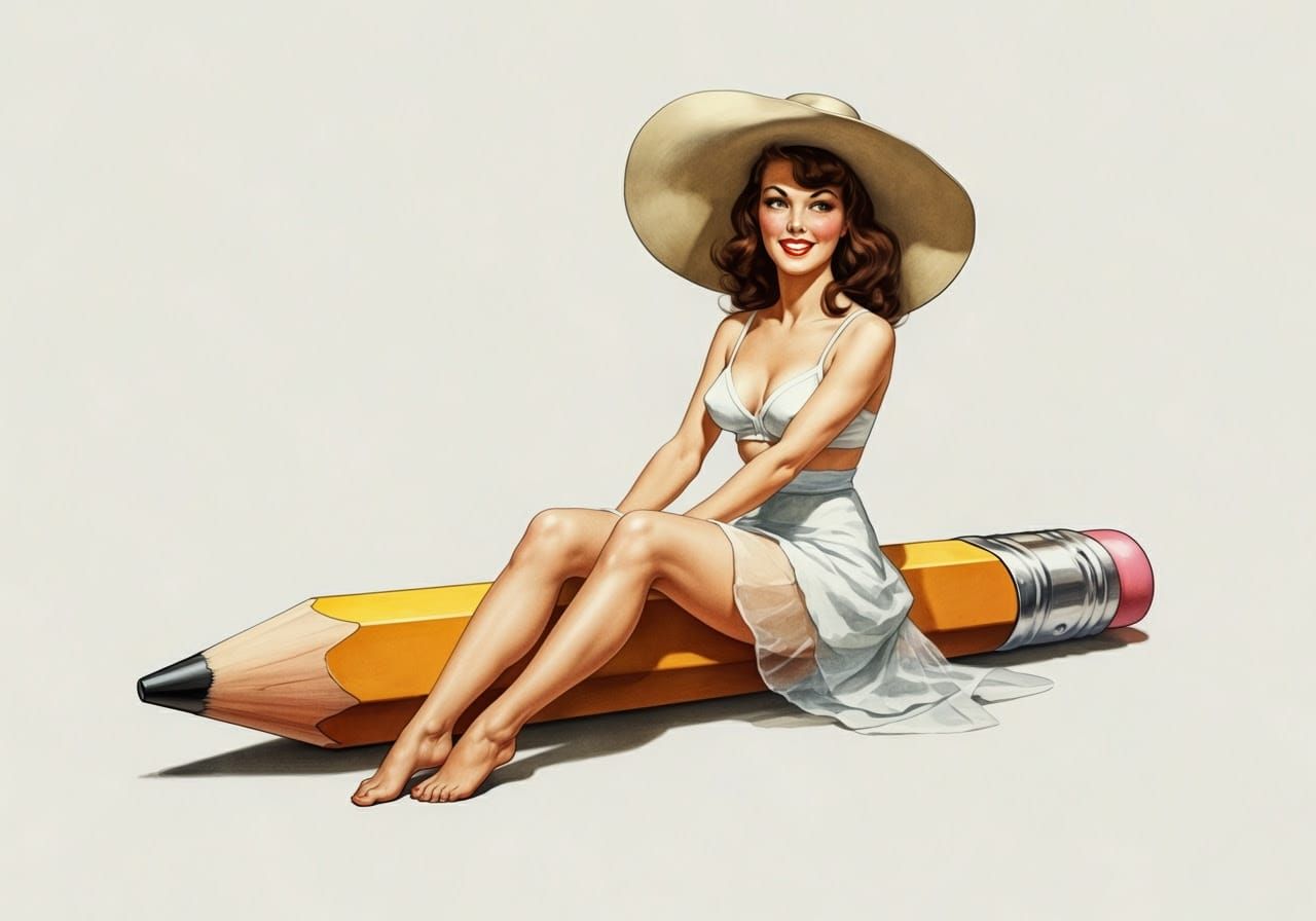 Woman Drives Pencil in Pin-Up Art Style