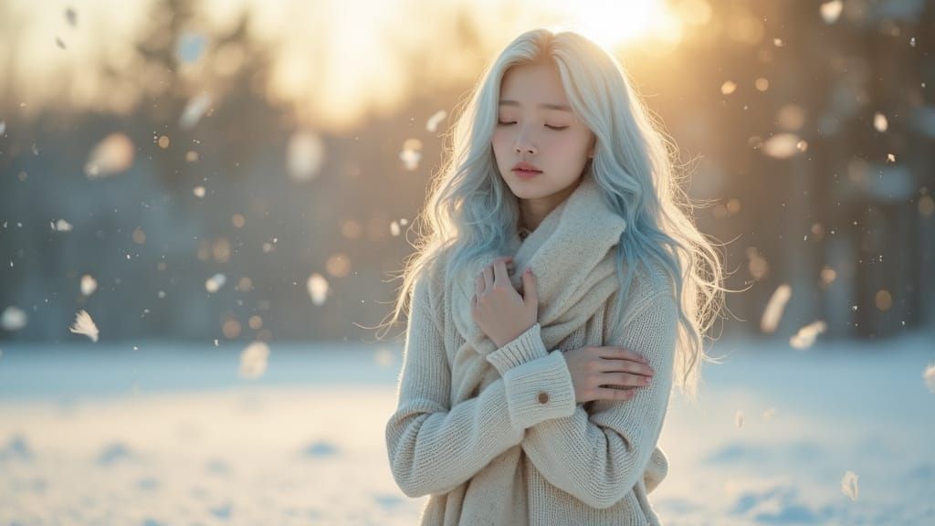 Korean Model in Snow Field, Cinematic Golden Hour