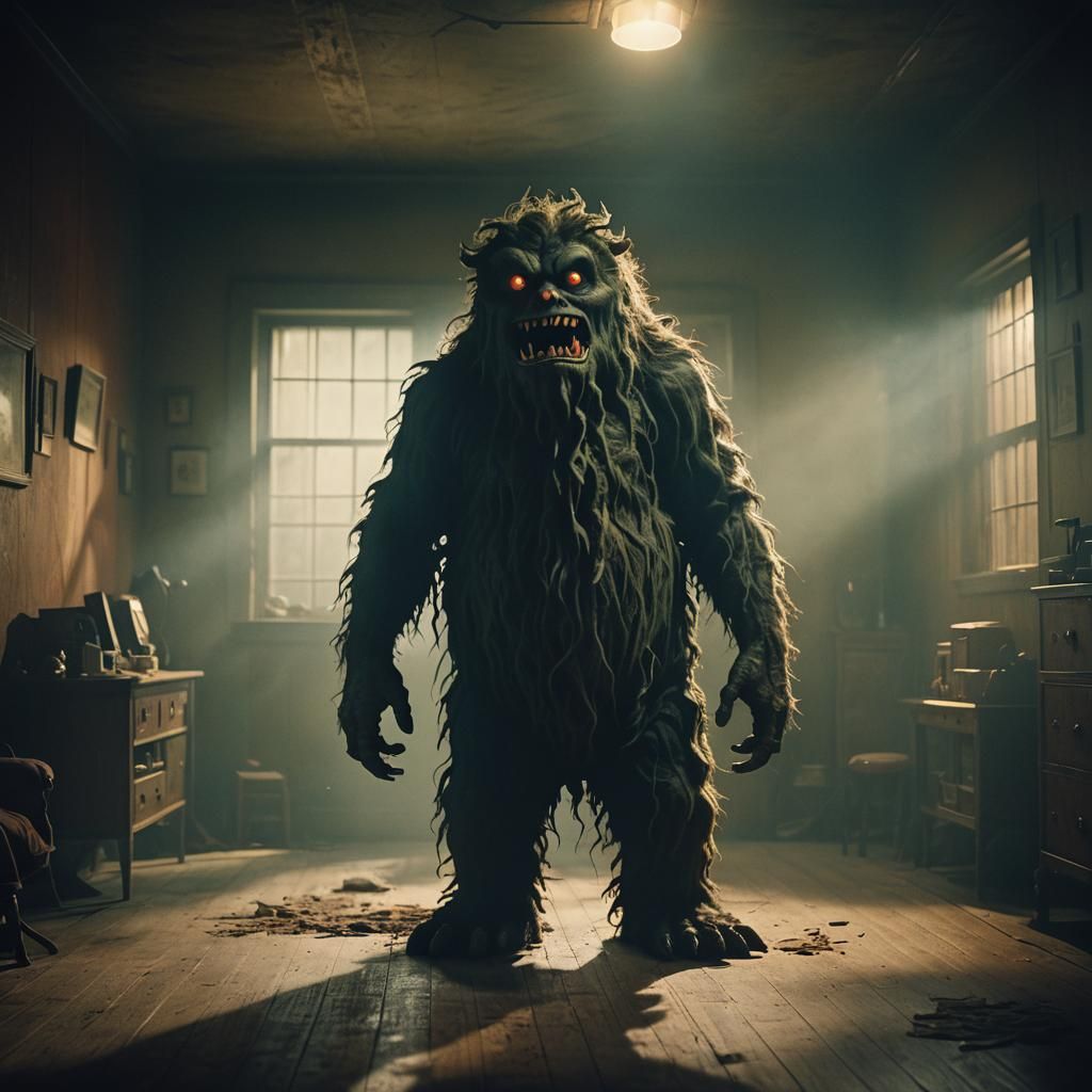 Huggy Wuggy in Dimly Lit Room: Cinematic Film Still