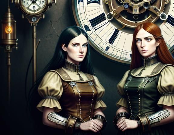 Steampunk Twins in Time Machine: Dark Fantasy Art